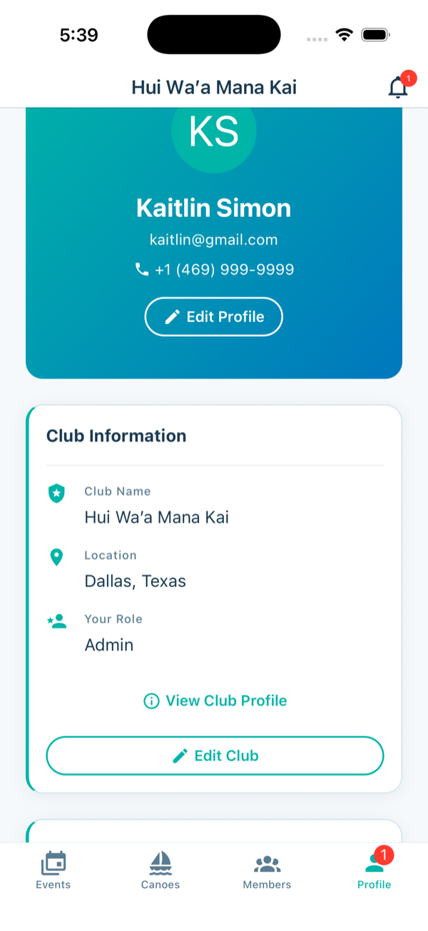Club information section on profile