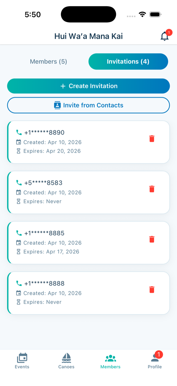 Invitations list