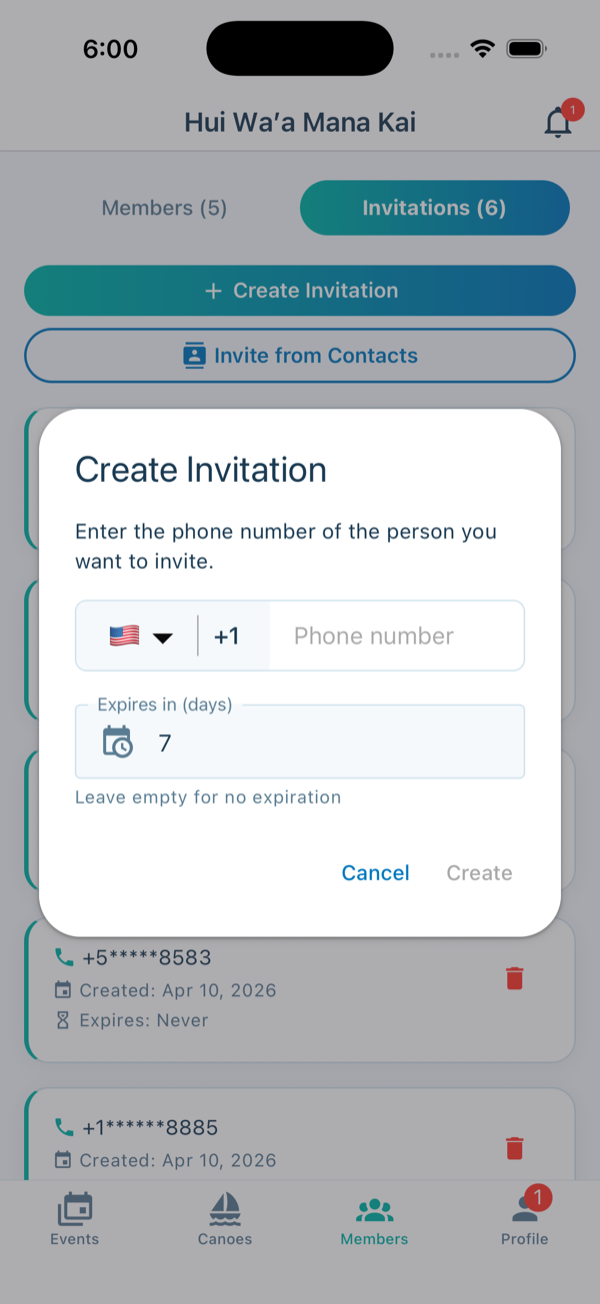 Create invitation dialog