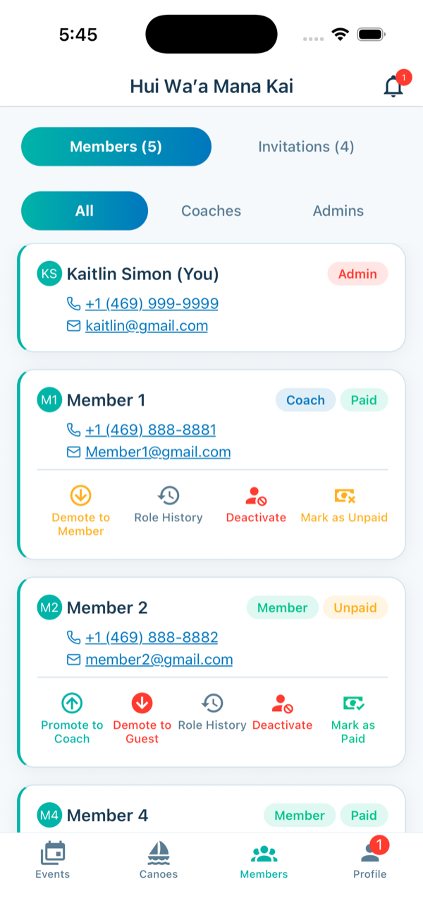 Members list with role badges