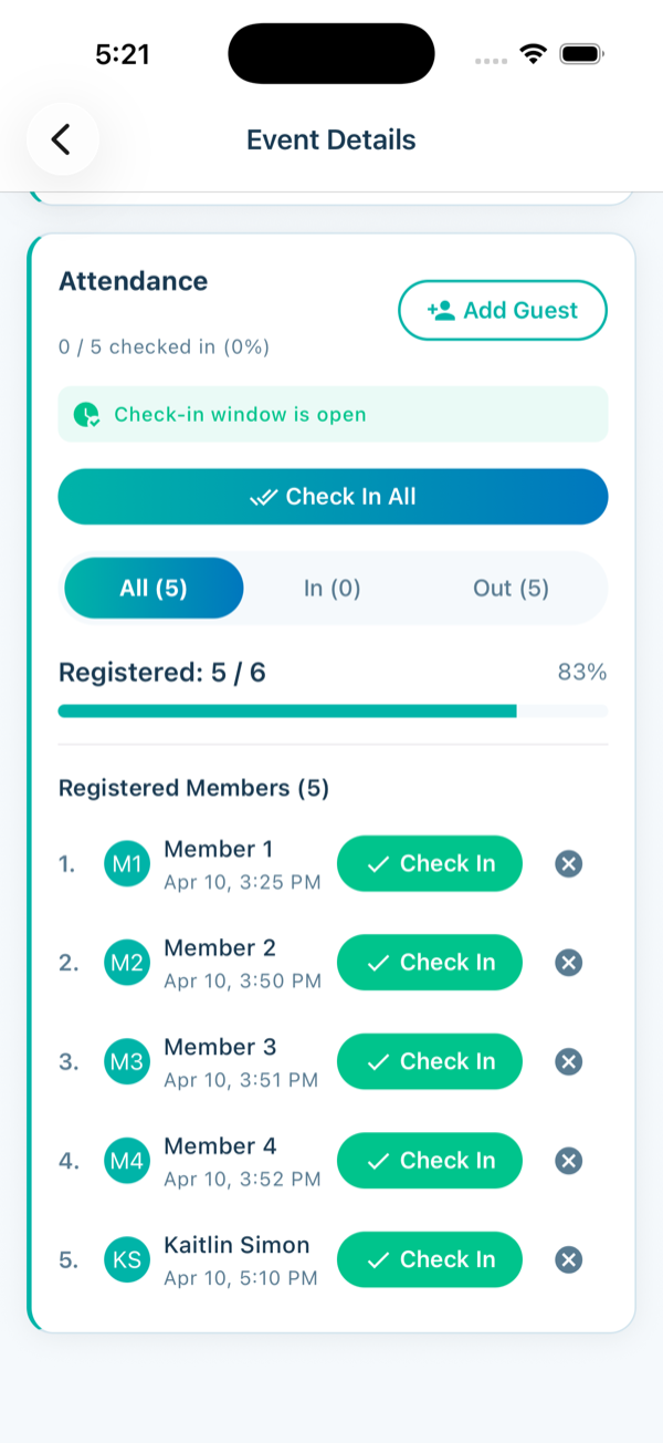 Attendance section on event detail