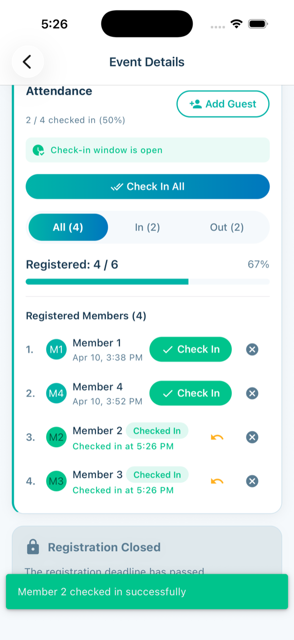 Check in confirmation dialog