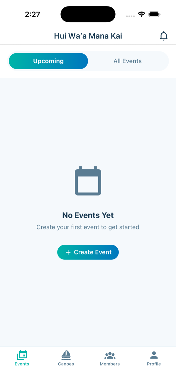 Events list with create button