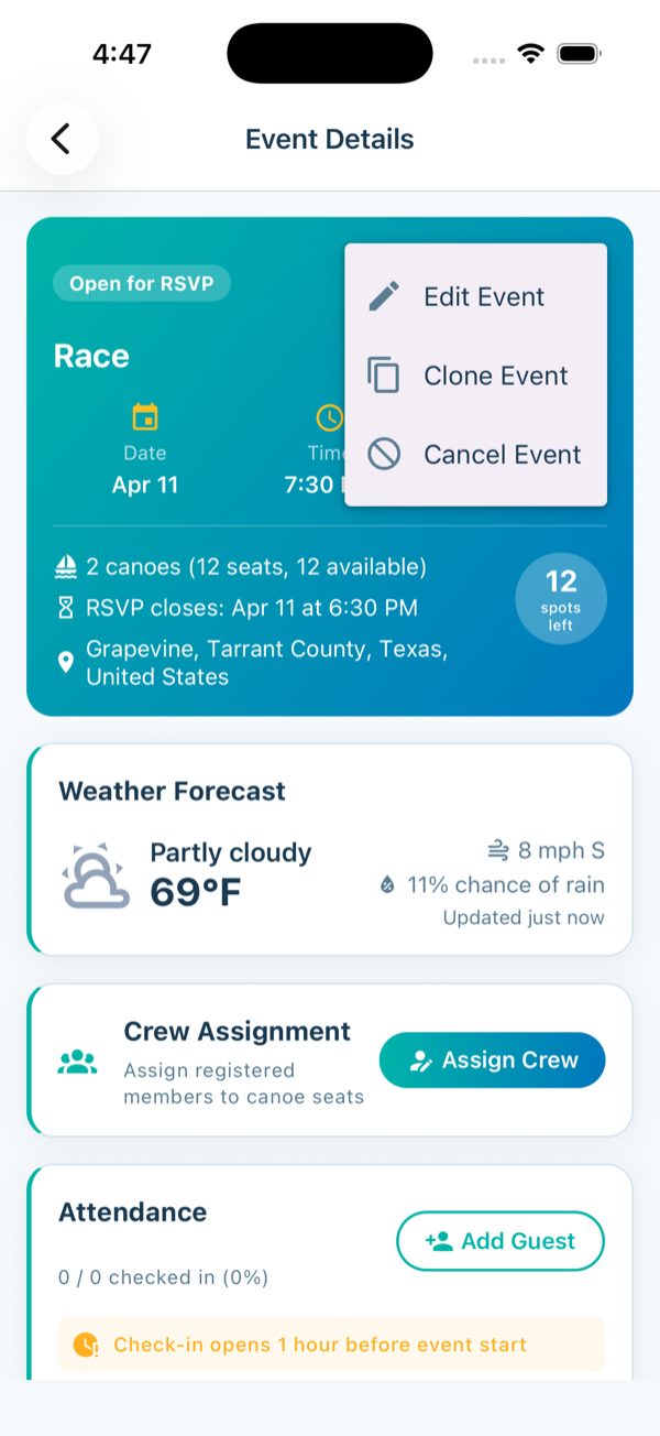 Event menu options
