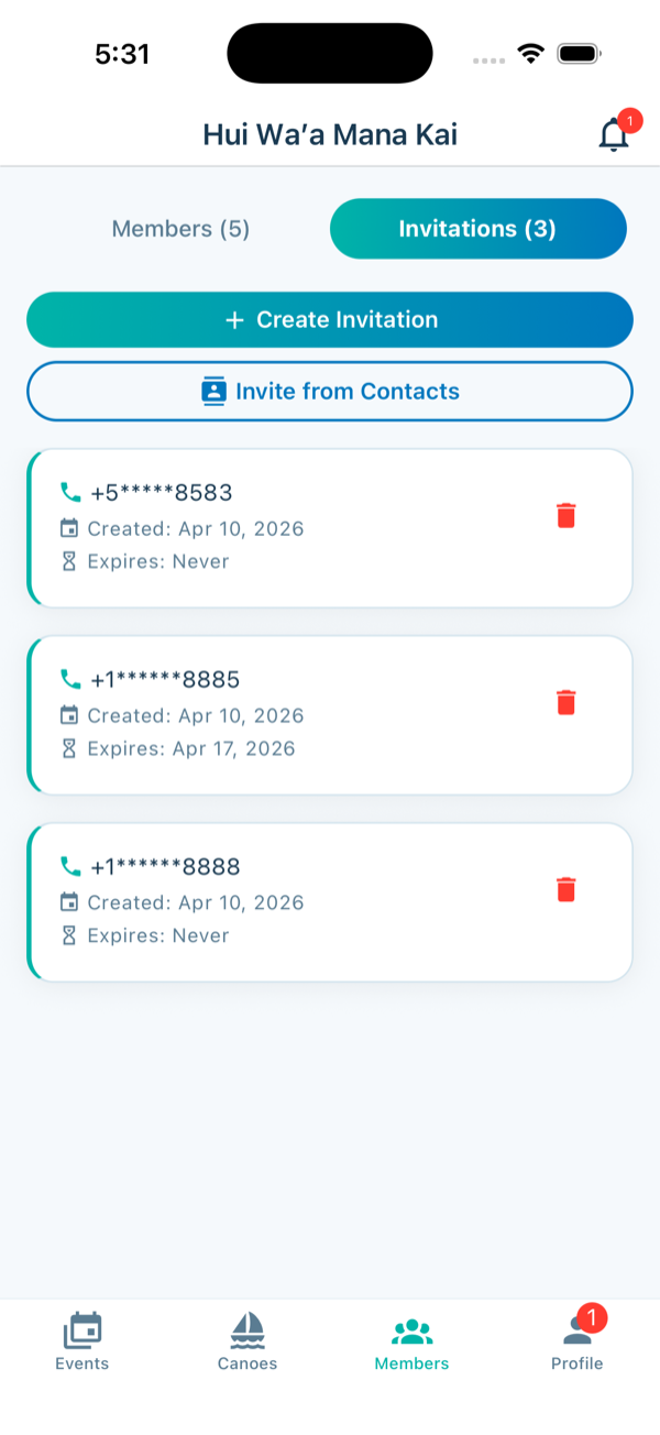 Invitations tab