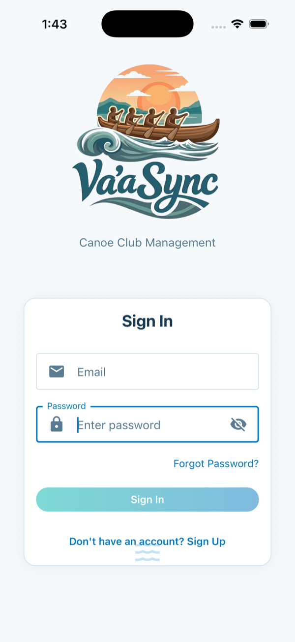 Va'a Sync sign in screen