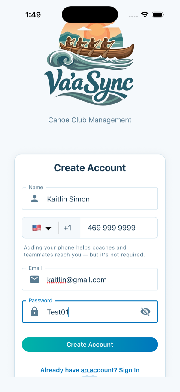 Account form filled with details