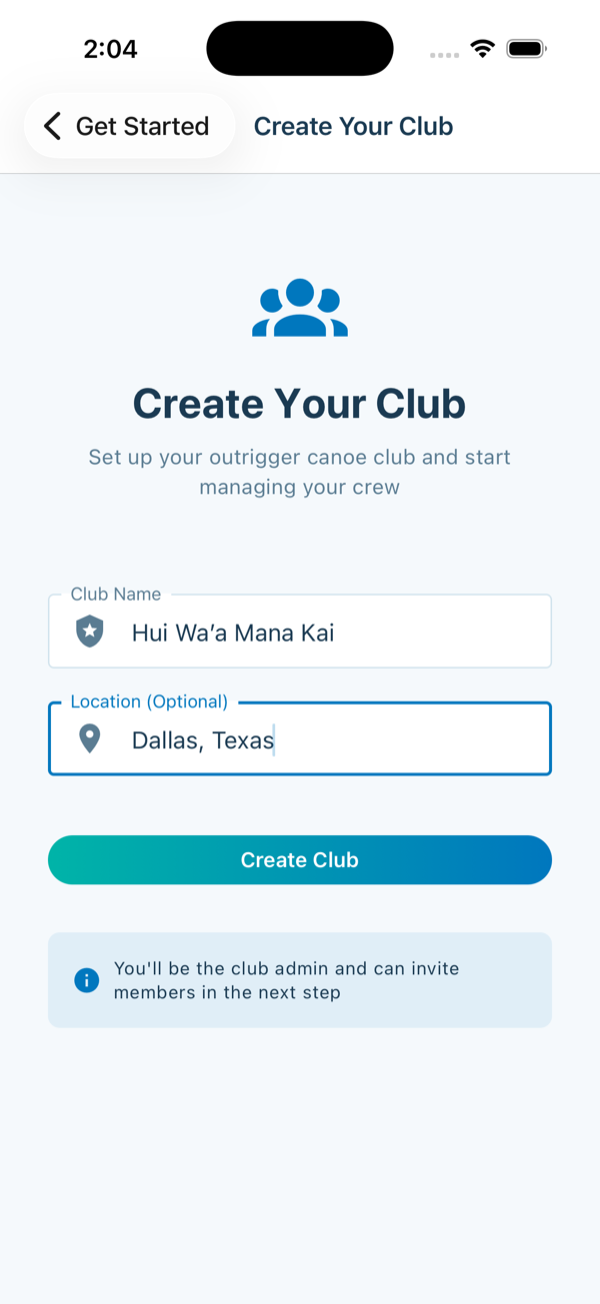 Club name and location filled
