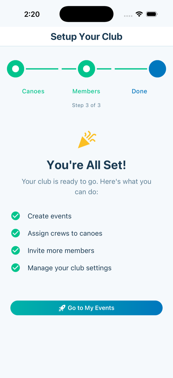 Club setup complete