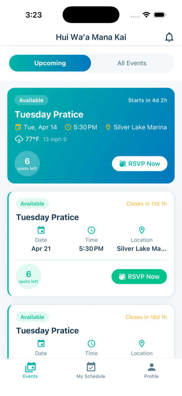 Events list screen