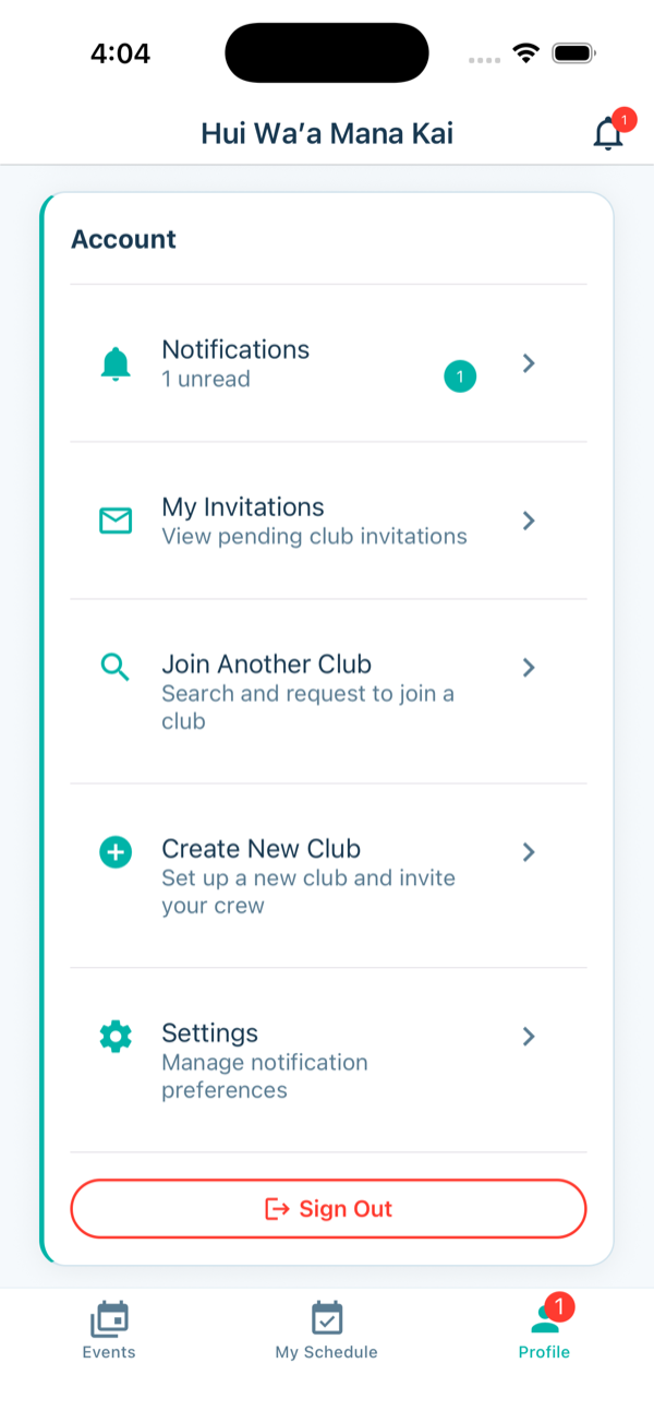 Account section with settings links