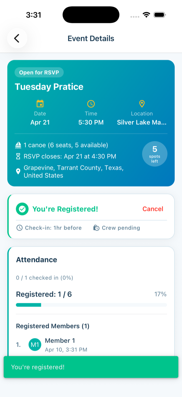Successfully registered for event