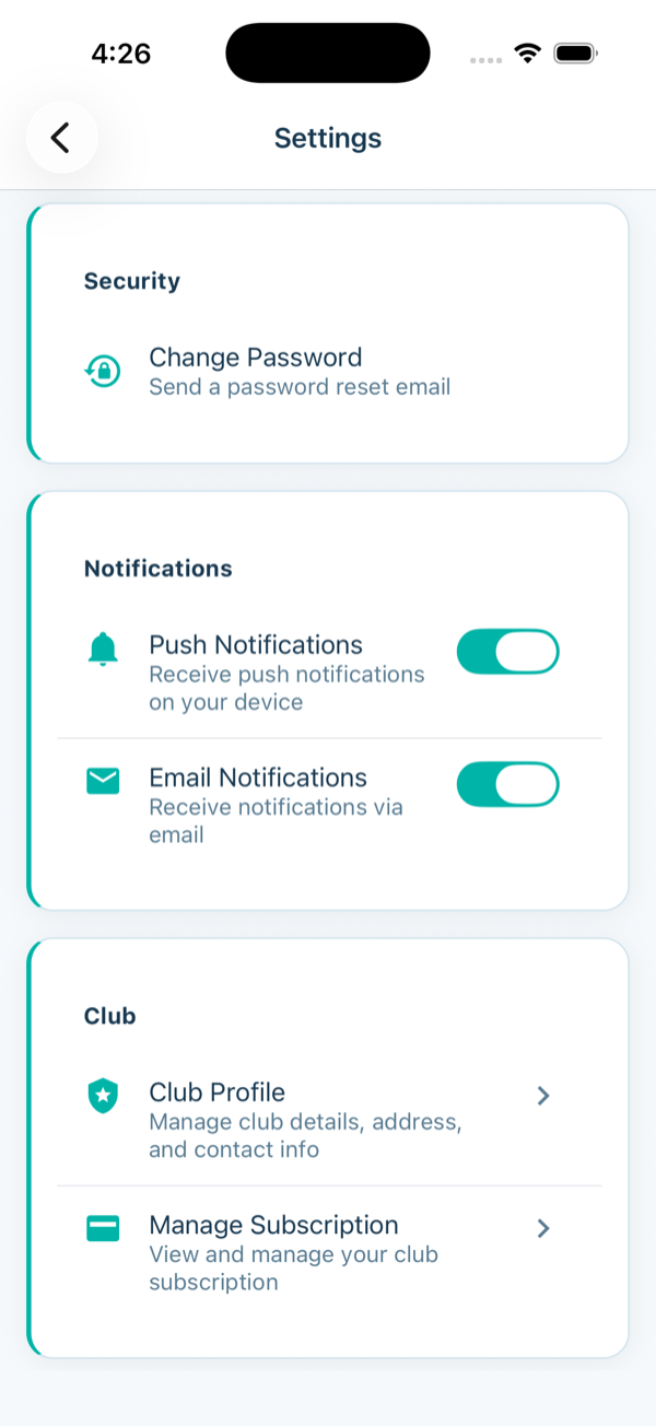 Settings screen