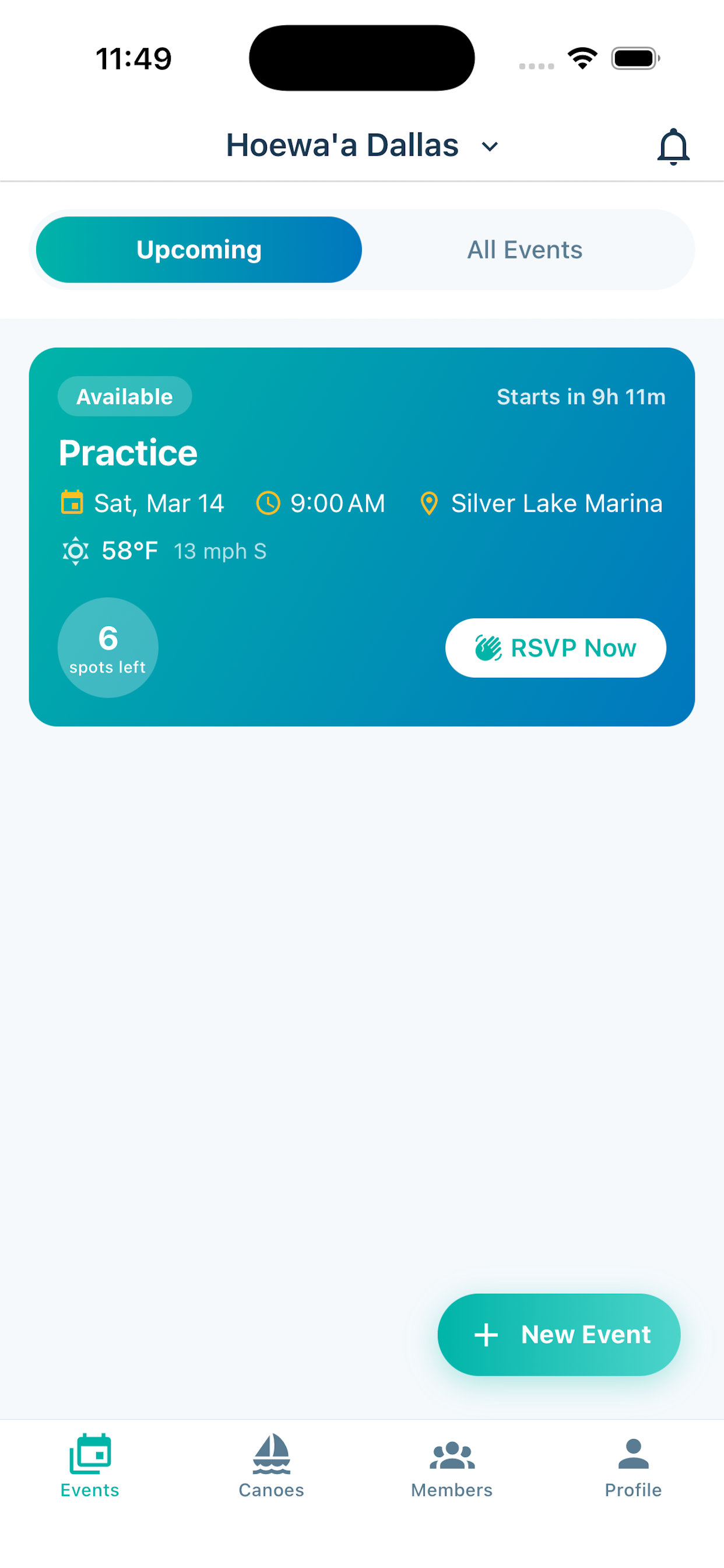 Va'a Sync app showing events list with practice details, RSVP button, and crew management